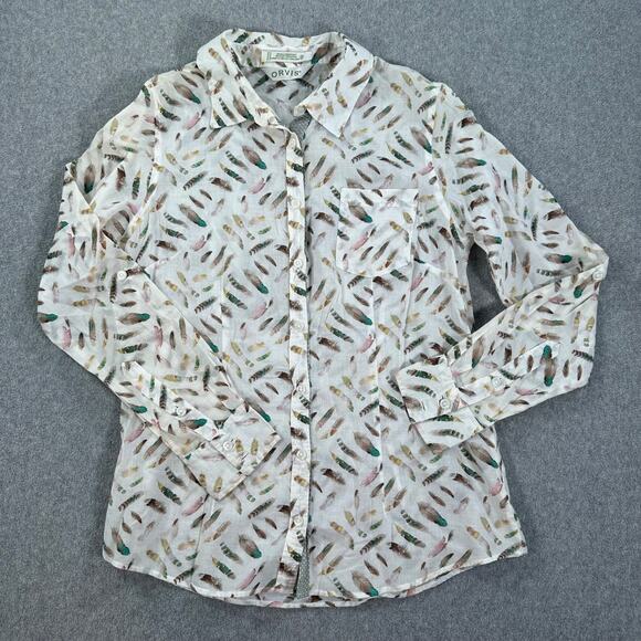Orvis Feather Print Button Down Shirt Women's 8 Cotton Wrinkle Resistant - Picture 1 of 7